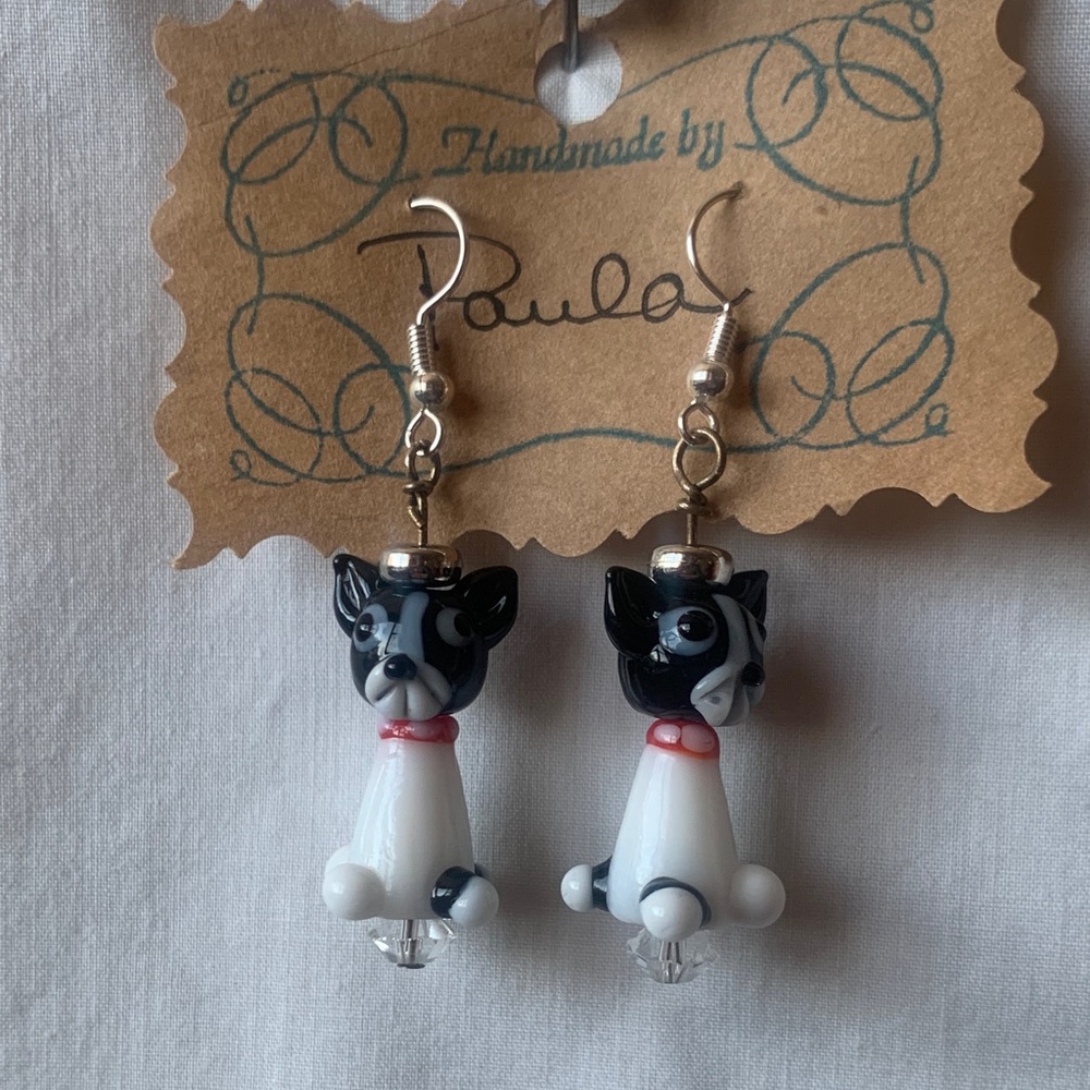 Handmade Lampwork Glass Dog Earrings - Black and White with Crystal Accent